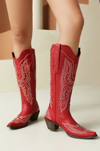 chic 4 colors pu leather pointed toe embroidery midi-heel cowgirl boots