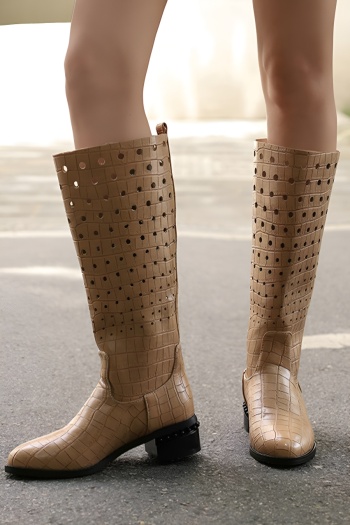 chic 3 colors pu leather hollow out low-heel boots