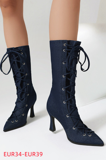 eur34-eur39 chic two colors denim pointed toe strappy high-heel cowgirl boots