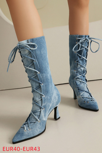 eur40-eur43 chic two colors denim pointed toe strappy high-heel cowgirl boots