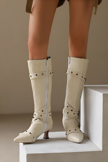 chic pu leather upper rivet high-tube pointed toe midi-heel cowgirl boots