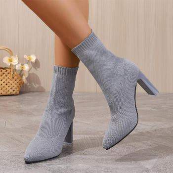 chic 3 colors knitted upper pointed toe high-heel martin boots