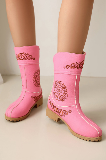 stylish retro 4 colors pu leather embroidery chunky low-heel boots