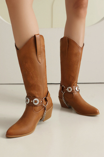 chic retro 4 colors pu leather metallic chain chunky heel cowgirl boots