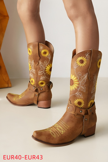 eur40-eur43 chic suede upper flower embroidery chunky heel cowgirl boots