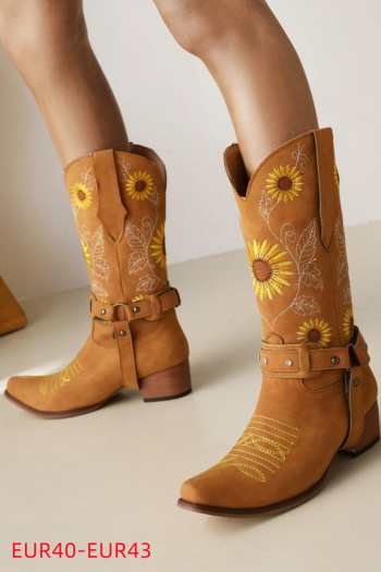 eur40-eur43 chic suede upper embroidery chunky heel cowgirl boots