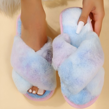 stylish comfortable gradient color peep toe cross band home fur flat slippers