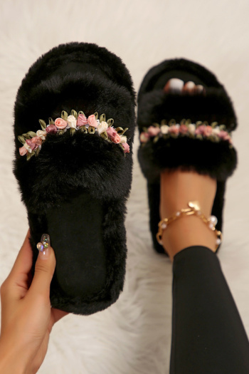 stylish comfortable two colors peep toe 3d flower decor home fur flat slippers