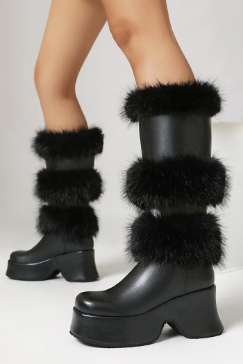 chic two colors pu leather fur decor high-heel boots