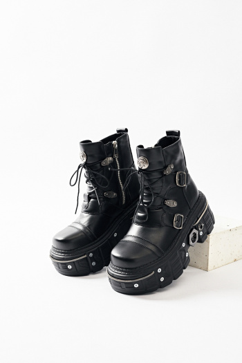 punk style pu leather pure color thick bottom zip-up side strappy martin boots