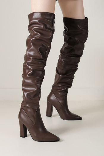 chic 3 colors pu leather pointed toe high-tube ruched high-heel boots