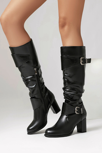 chic 3 colors pu leather zip-up side metallic buckle chunky heel cowgirl boots