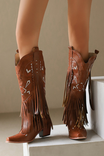 chic 3 colors embroidery pu leather tassel chunky heel cowgirl boots