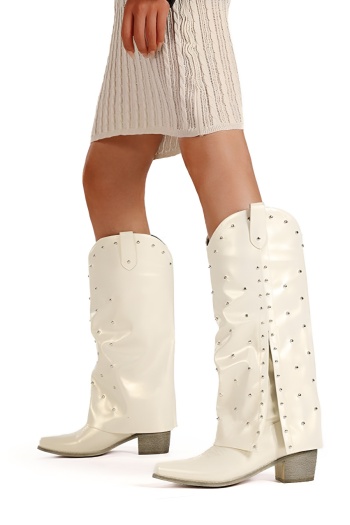 chic 3 colors pu leather rivet decor chunky heel cowgirl boots