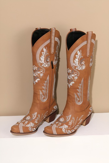exquisite 3 colors pu leather embroidery rhinestone decor chunky heel boots