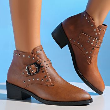 chic two colors pu leather pointed toe rivet chunky heel cowgirl boots