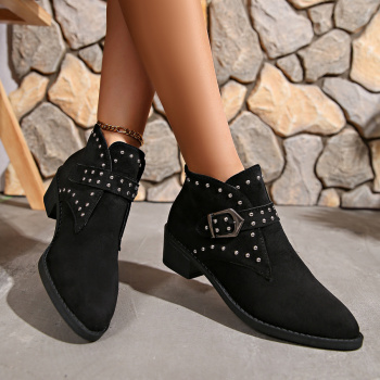 chic suede upper pointed toe rivet chunky heel cowgirl boots