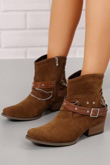 chic suede upper metallic chain decor chunky heel cowgirl martin boots