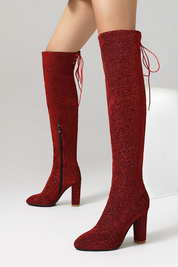 chic 3 color glitter pointed toe over knee zip-up side chunky heel boots