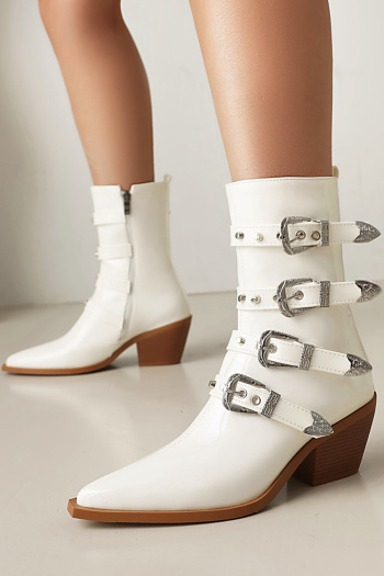 punk style pu leather metallic buckle pointed toe chunky heel chelsea boots