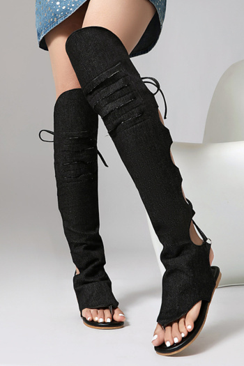 chic two colors denim fabric hollow out over knee flat boots sandals