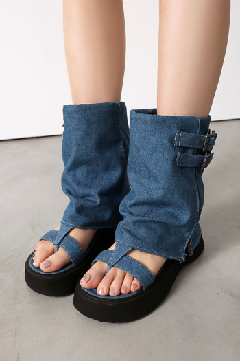 chic two colors denim fabric thick bottoms high-tube boots sandals
