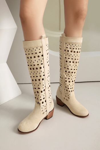 chic 3 colors suede hollow out high-tube chunky heel boots