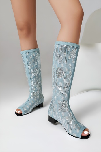 chic two colors denim fabric sequin decor peep toe chunky low heel boots sandals