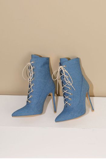 chic 3 colors denim fabric pointed toe strappy high-heel martin boots