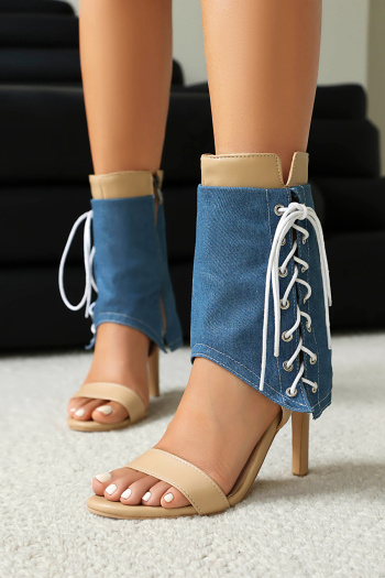 chic pu leather denim stitching peep toe zip-up side high-heel sandals