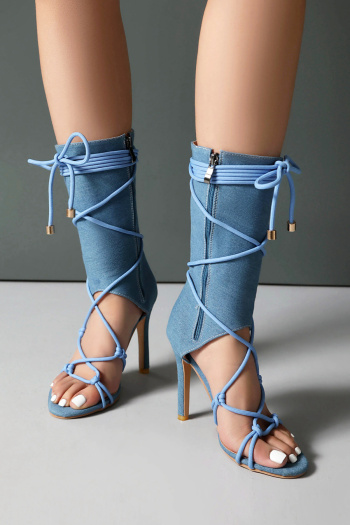 chic denim fabric hollow strappy zip-up side high-heel sandals