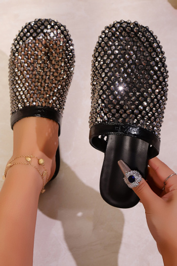 chic two colors hollow fishnet rhinestone decor flat slippers