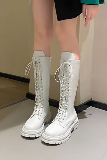 stylish pu leather thick bottom high-tube zip-up side strappy boots
