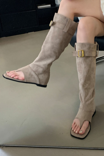 chic pure color suede square toe high-tube cowgirl boots sandals