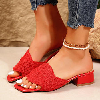stylish retro 5 colors square toe knitted upper low-heel slippers