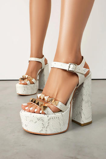 chic 3 colors snakeskin rivet peep toe chunky high heel sandals