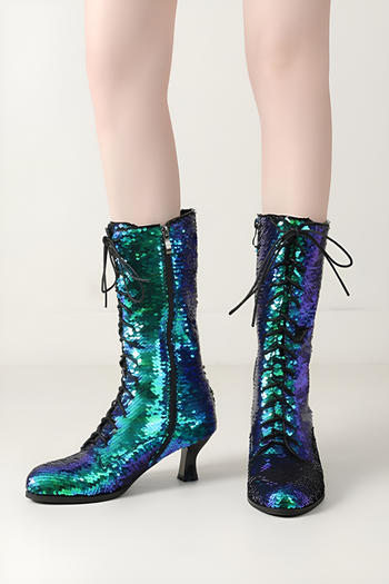 chic two colors sequin decor strappy zip-up side midi-heel boots