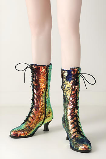 chic sequin decor strappy high-tube zip-up side midi-heel boots