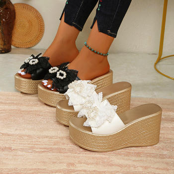 chic two colors bow pearl decor peep toe wedge heel sandals
