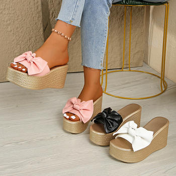 chic 3 colors bow decor peep toe pu leather upper wedge heel sandals