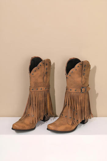 chic two colors rivet tassel cowgirl chunky heel boots