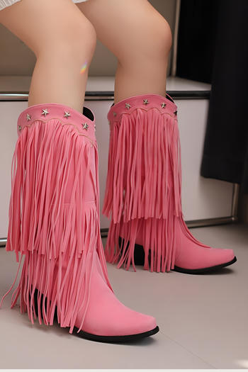 chic 4 colors suede pentagram rivet tassel decor chunky heel cowgirl boots