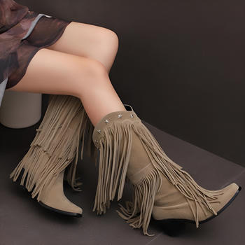 chic pure colour suede pentagram rivet tassel decor chunky heel cowgirl boots