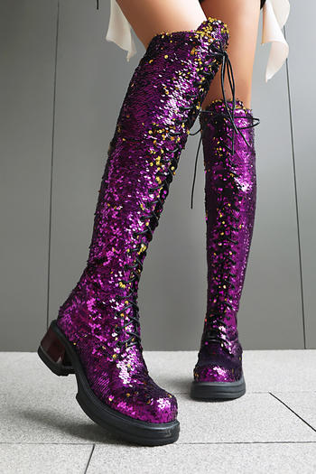 chic 3 colors sequin decor high-tube strappy chunky heel boots