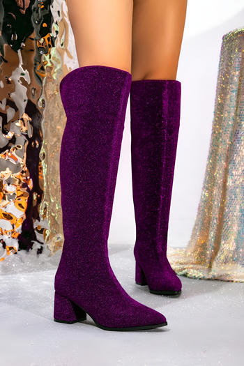 chic stylish glitter pointed toe zip-up chunky heel boots