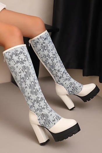 chic stylish lace pu leather stitching chunky high heel boots