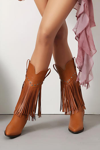 chic stylish pu leather rivet tassel pointed toe chunky heel cowgirl boots