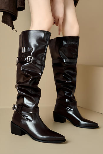 chic retro pu leather pointed toe chunky heel boots