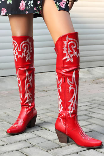chic retro pu leather 3 colors embroidery zip-up side chunky heel boots