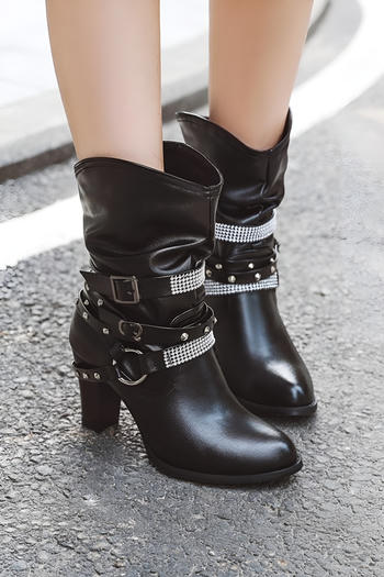 chic stylish pu leather 4 colors rhinestone decor chunky high heel boots